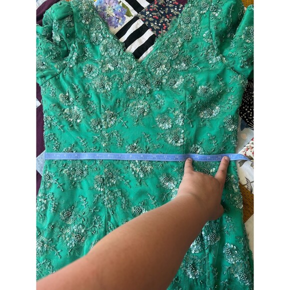 Vintage Fully Beaded Gown Mother of Bride Dress Glam Sequin Regal Green Large - Picture 5 of 7